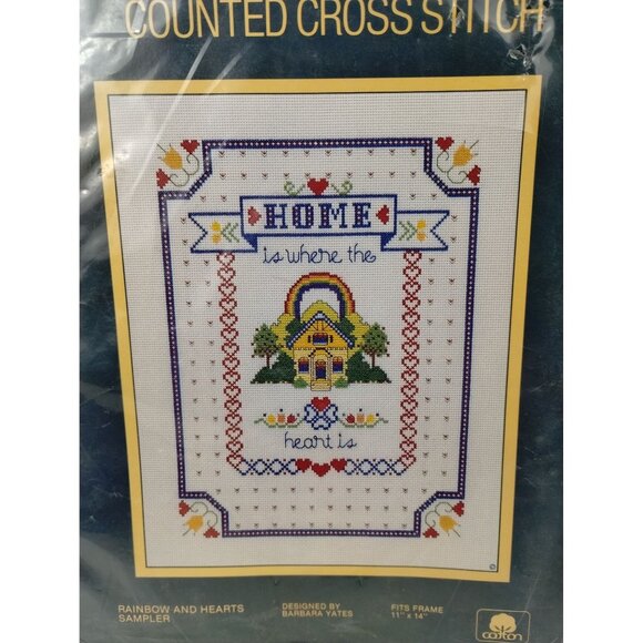 Vintage Sunset Counted Cross Stitch Rainbow and Hearts Sampler Kit 1984 - Picture 2 of 7